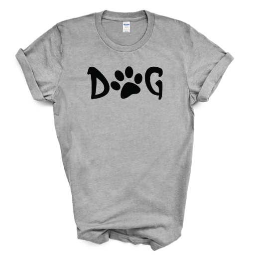 A gray t-shirt with the word dog written in black.