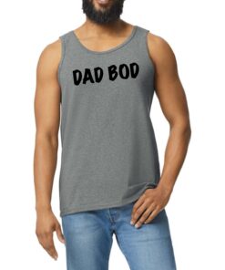 A man wearing a tank top with the words dad bod on it.