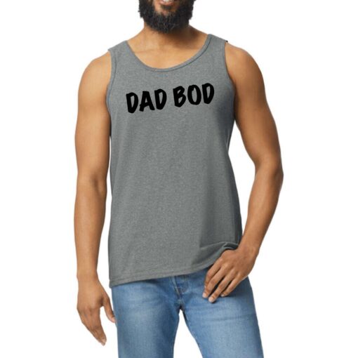 A man wearing a tank top with the words dad bod on it.