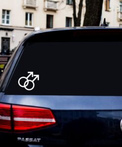 A car with a sticker of two male symbols on it.
