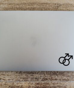 A laptop with two male symbols on the top of it.