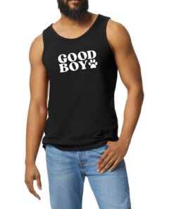 A man wearing a black tank top with the words " good boy ".