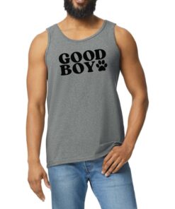 A man wearing a tank top with the words 