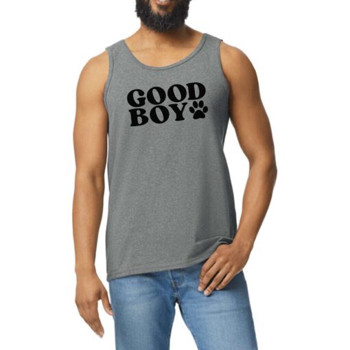 A man wearing a tank top with the words " good boy ".