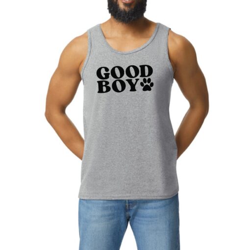 A man wearing a tank top with the words " good boy ".
