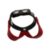 Red and black leather harness with snaps.